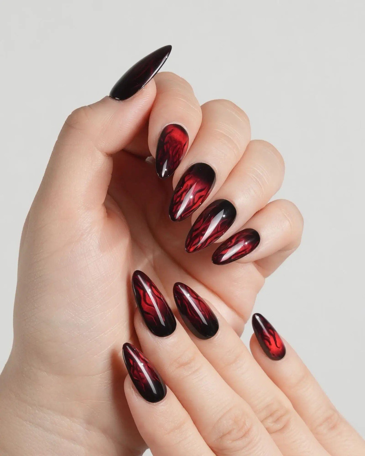 Custom Handmade Halloween Gothic Black Red Smoke Swirl Almond Press on Nails