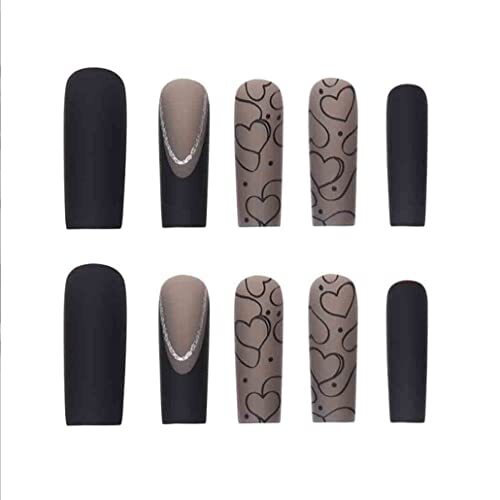 Black Press on Nails Long, LOVE Design Extra Long Clear Fake Square Black Nails