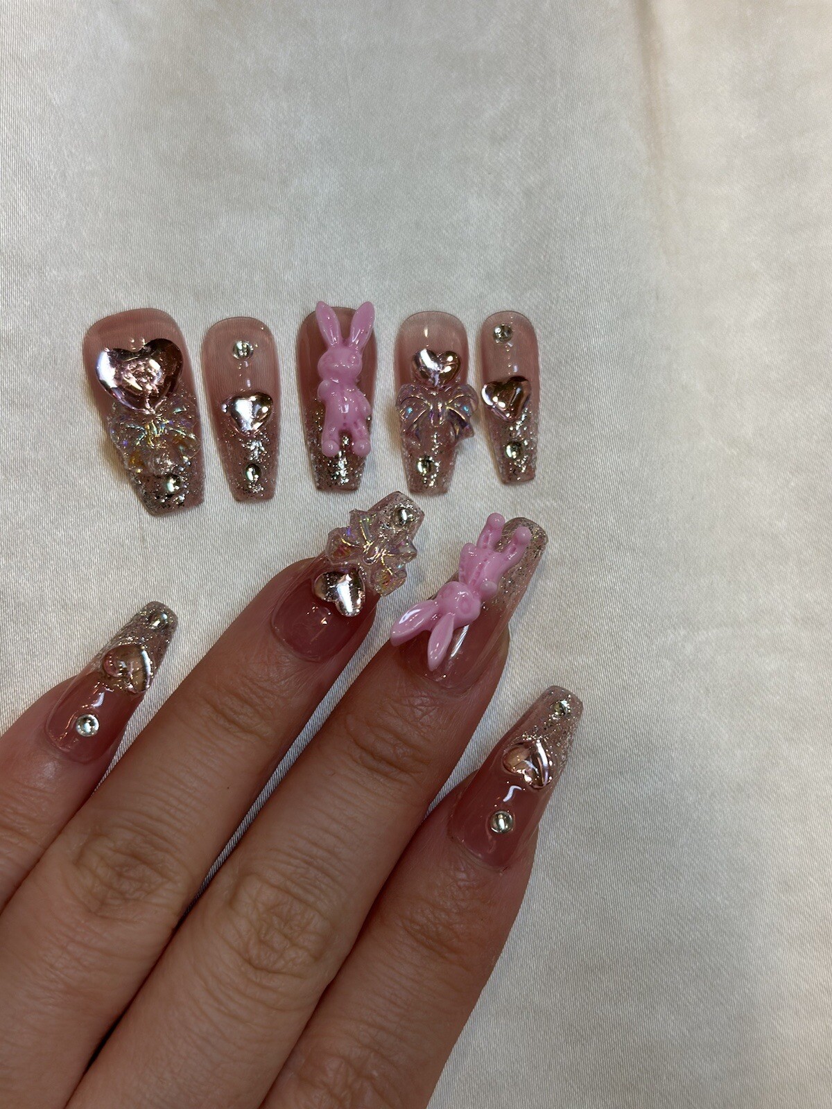 “Lucky Pink Rabbit” Beautiful Press On Nails – Handmade – Medium RRP $35