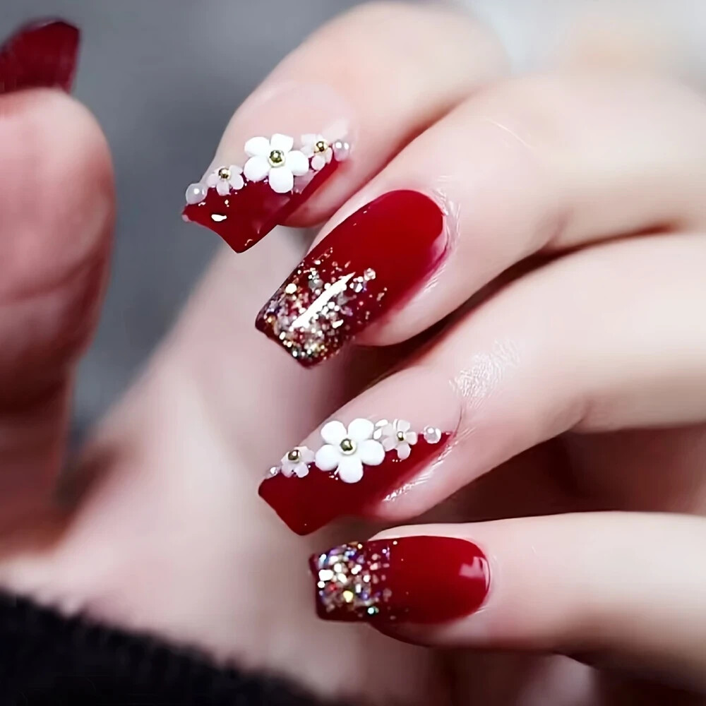 24pcs Wine Red Press-On Nails with Golden Glitter & Rhinestones – Medium Square