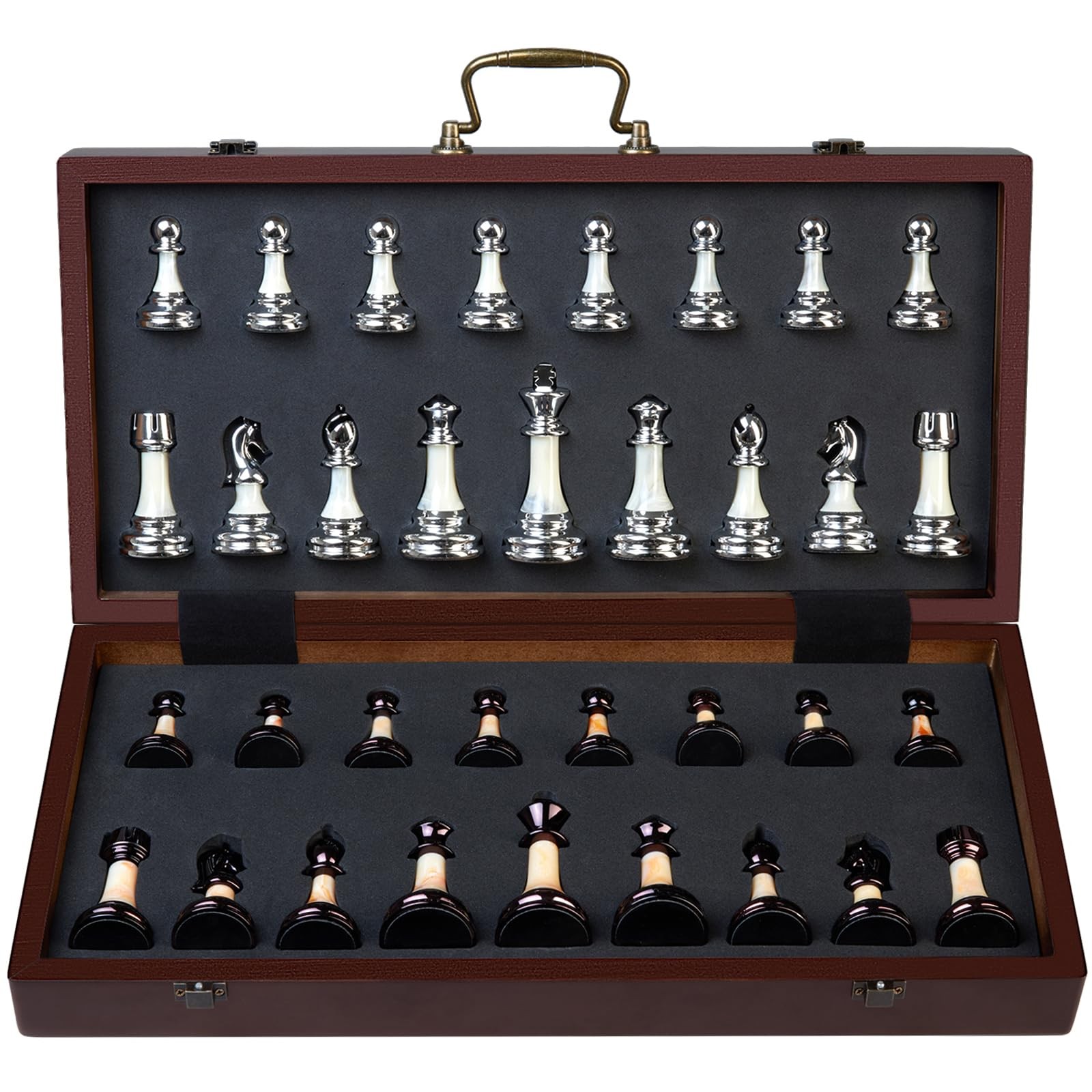 Deluxe Chess Set 16.5” Wooden Large Folding 16.54*16.54*1.5 inches, Brown