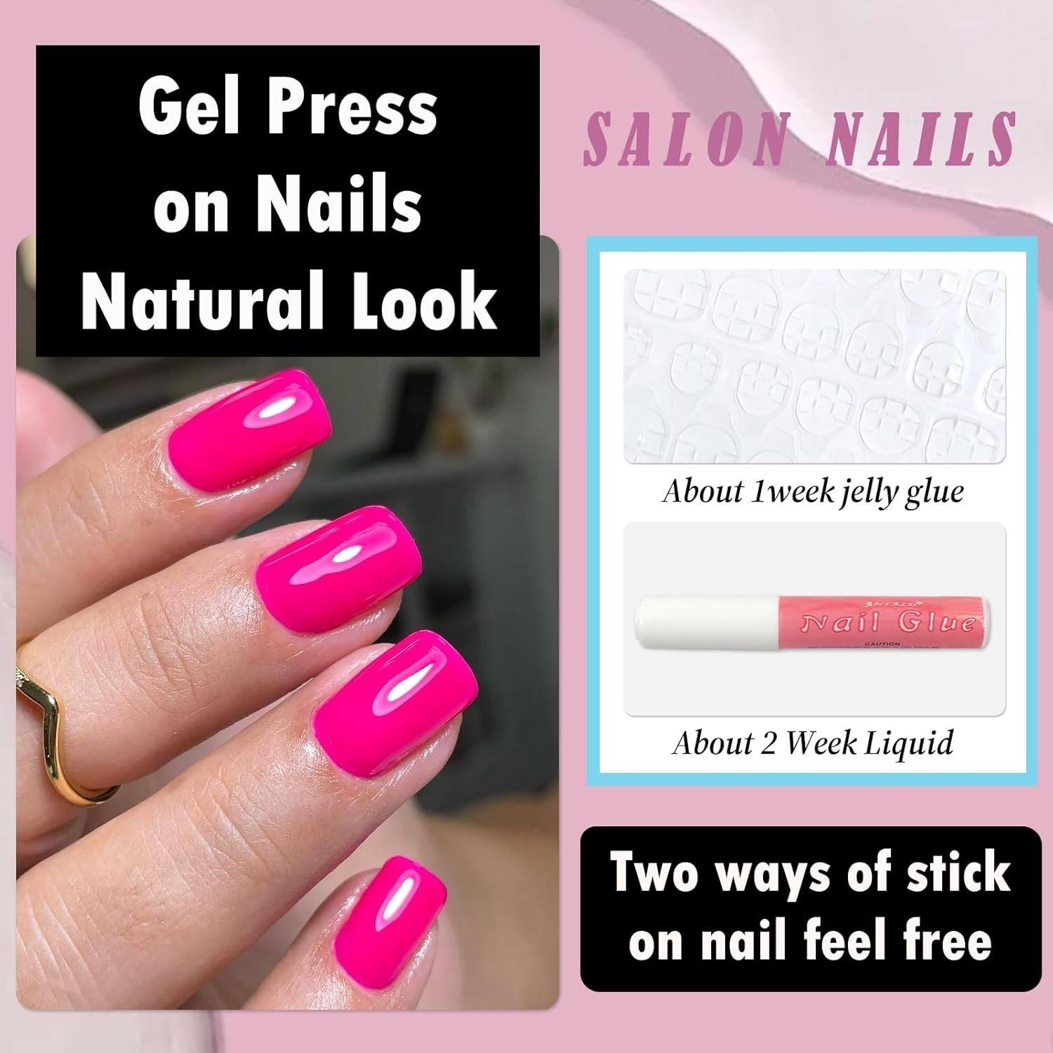 Square Press on Nails Short, 120Pcs Glossy Hot Pink Fake Nails Full Cover Acryli
