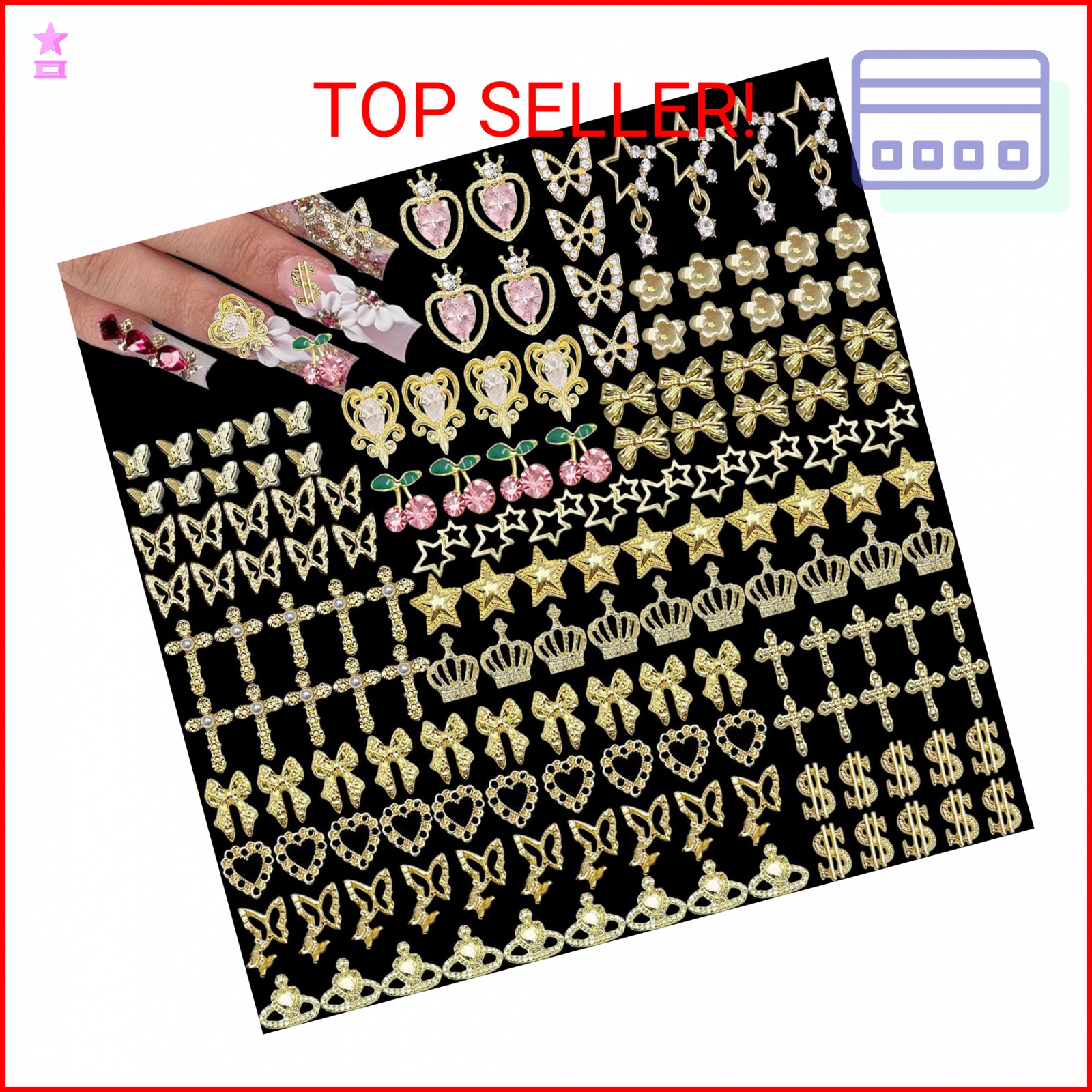 KACHIMOO 160pcs Gold Nail Charms 3D Butterfly Cherry Heart Cross Bow Star Dollar
