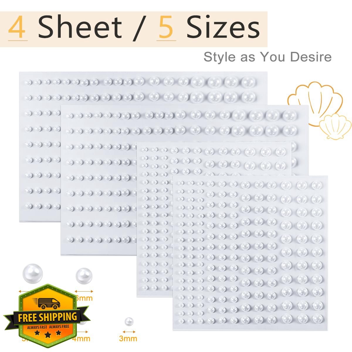 qiipii 4 Sheets White Flatback Pearl Stickers Nail Gems 3-8mm Multi Sizes