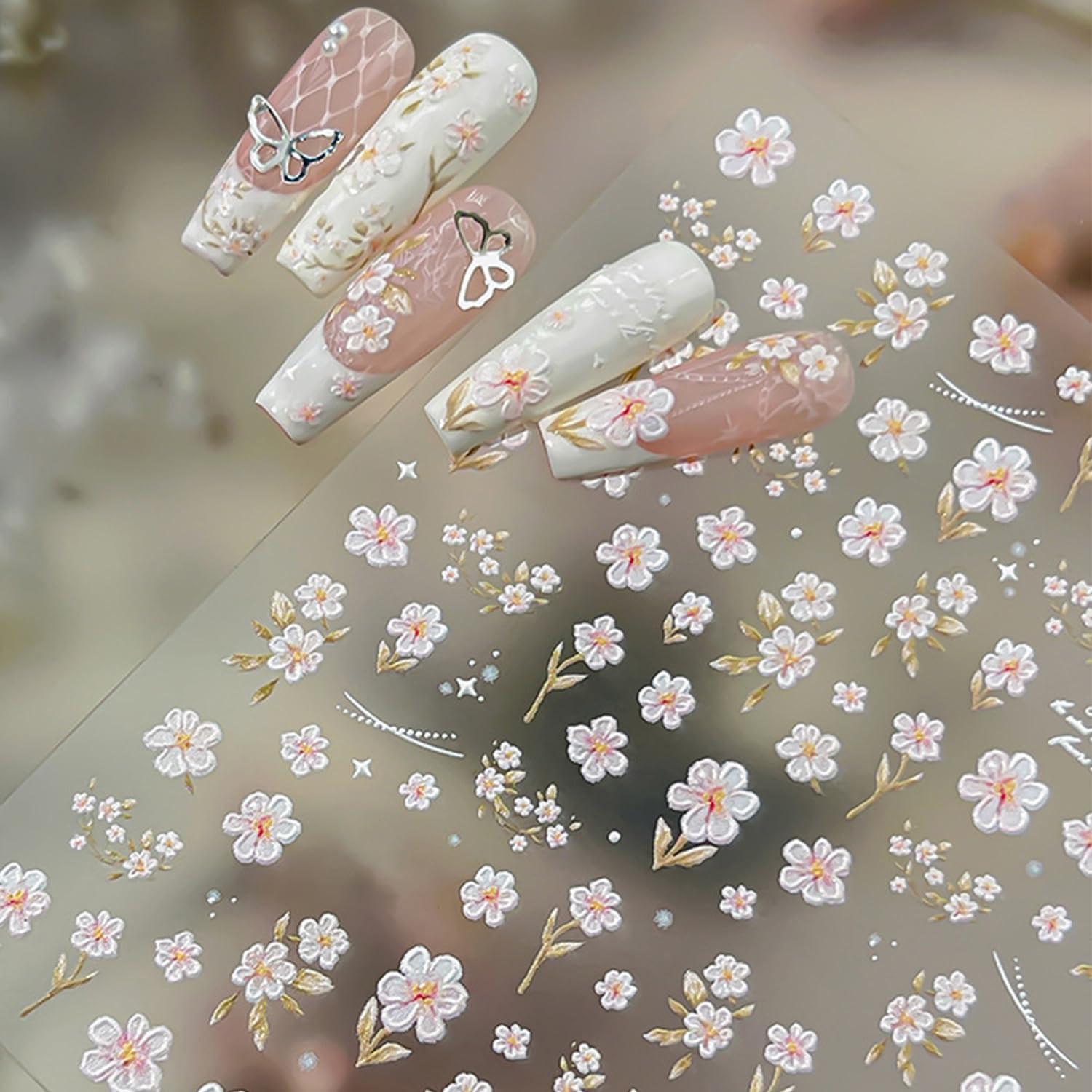 1Pcs Flower Nail Art Stickers Decals 5D Embossed Pink Flower Nail Decals Cute Sm