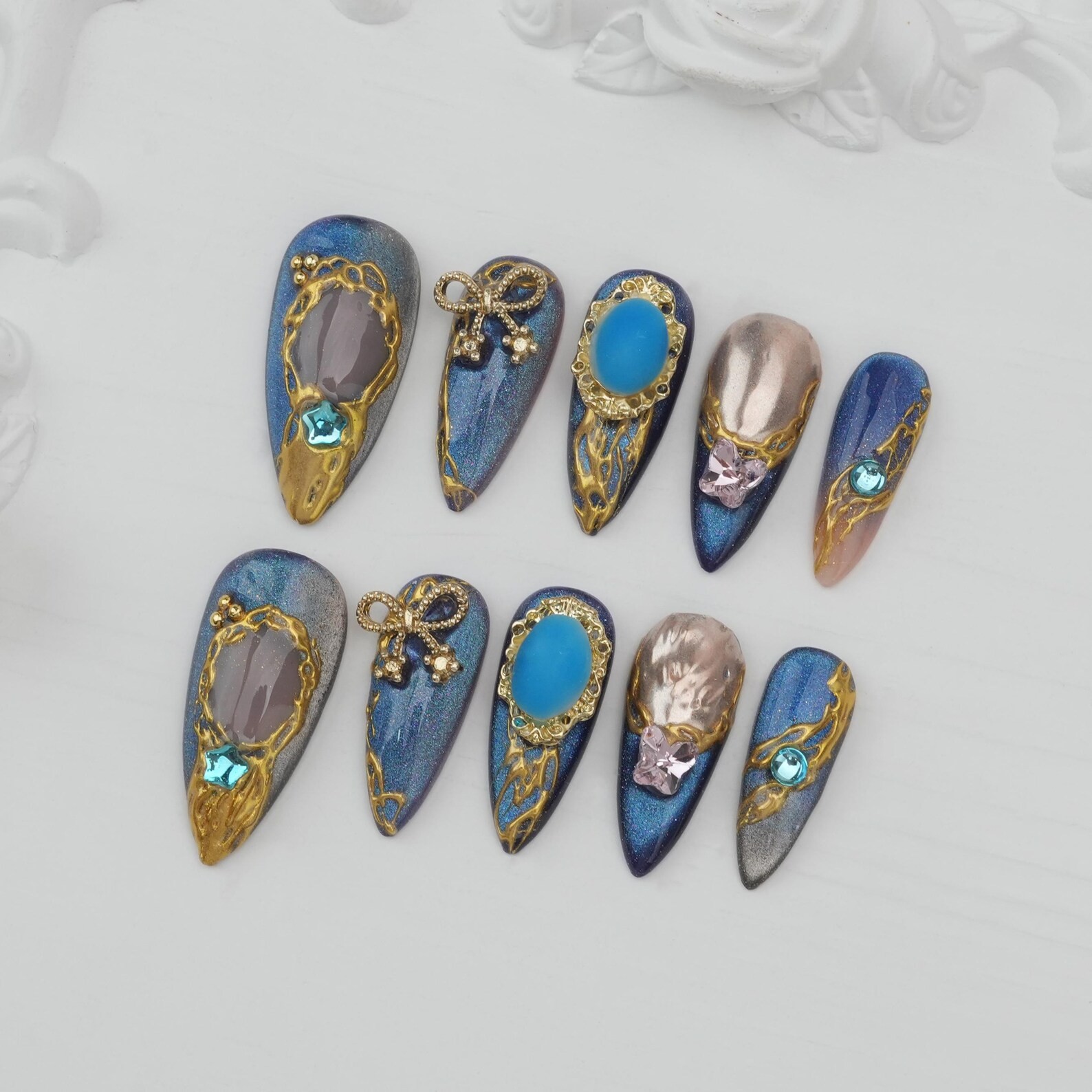 Handmade Dark Blue Cat Eye Gold Metal Line Bow Gem Long Stiletto Press on Nails