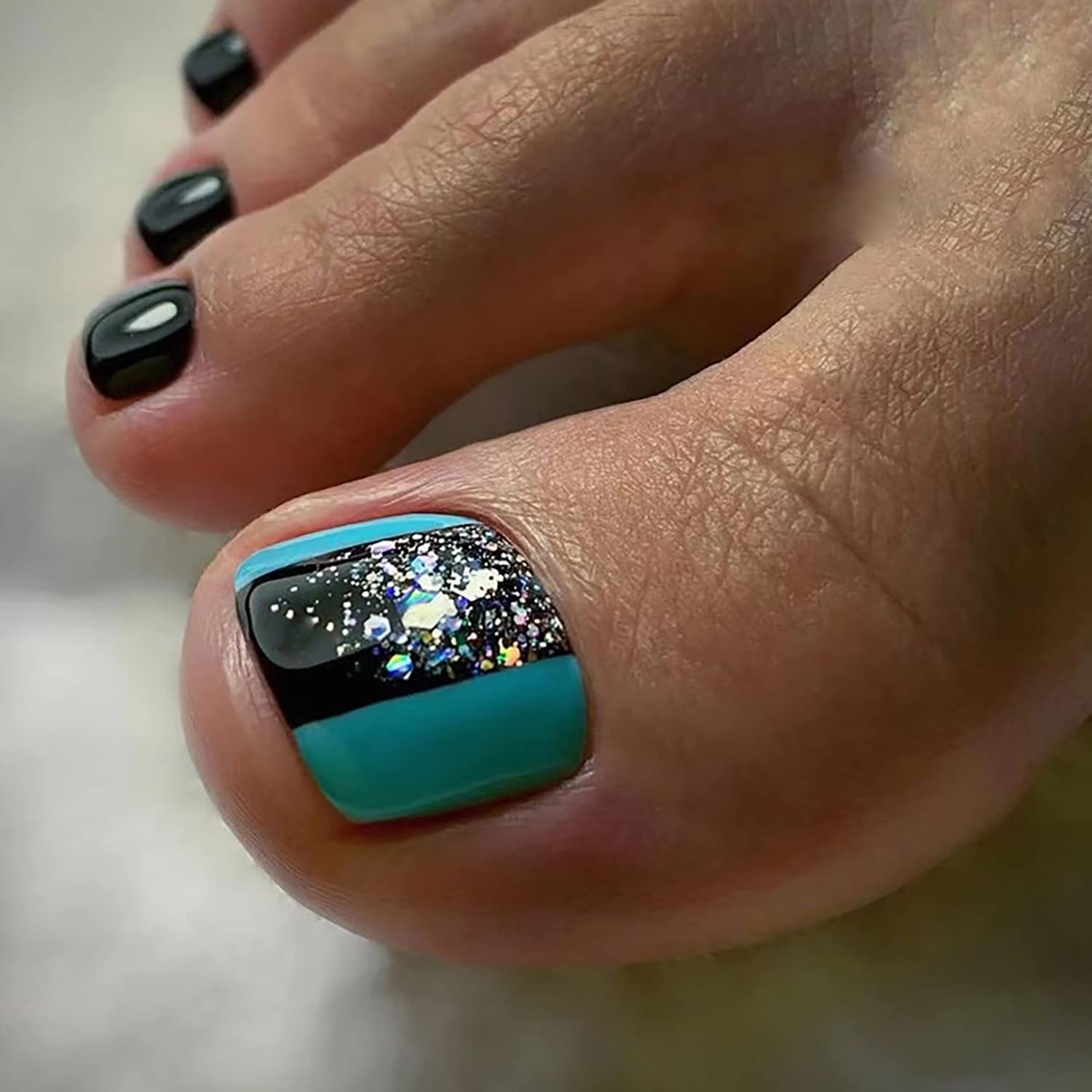 Short Press on Toenails Glossy Acrylic Square Shape Fake Toenails with Silver…