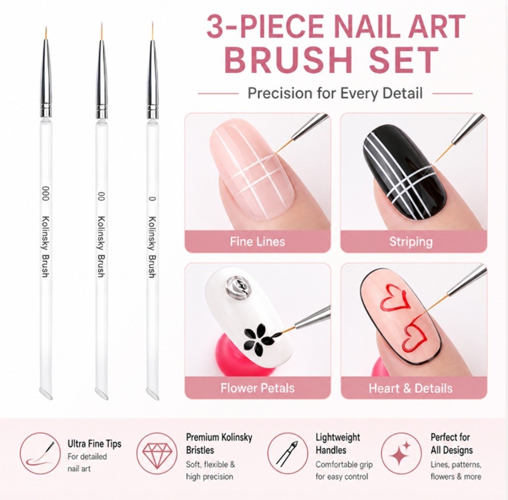 3 Pcs Nail Art Tool Set – Nail Art Pen, Dotting UV Gel Tool, and Liner Brush Set