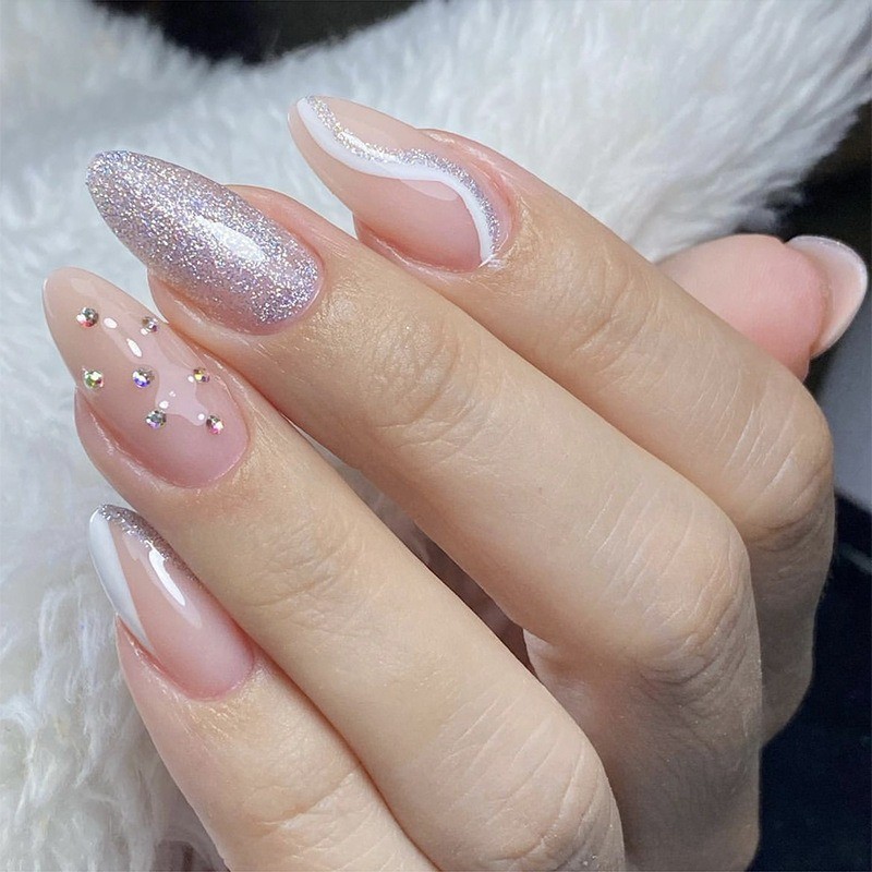 48pcs-Glossy Nude Almond Nail with Silver Glitter Tips, White Swirl and Crystals
