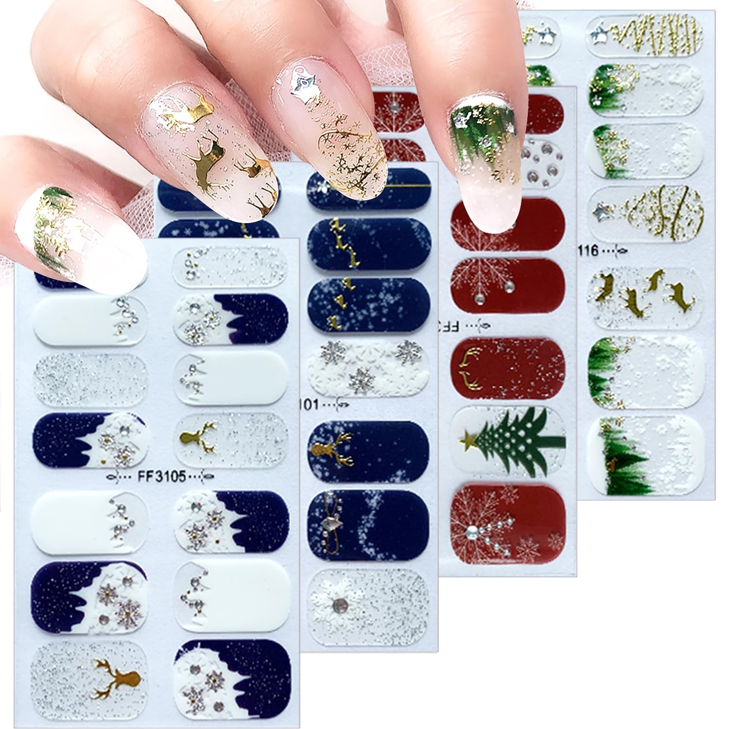 4 Sheets Christmas Nail Wraps Stickers 5D Charms White Snowflake Gel Nail Sticke