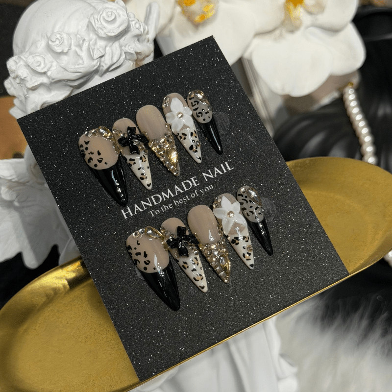 10pcs Stiletto Press on Nails, Leopard Print Black Tip Sparkly Stone Nail Art