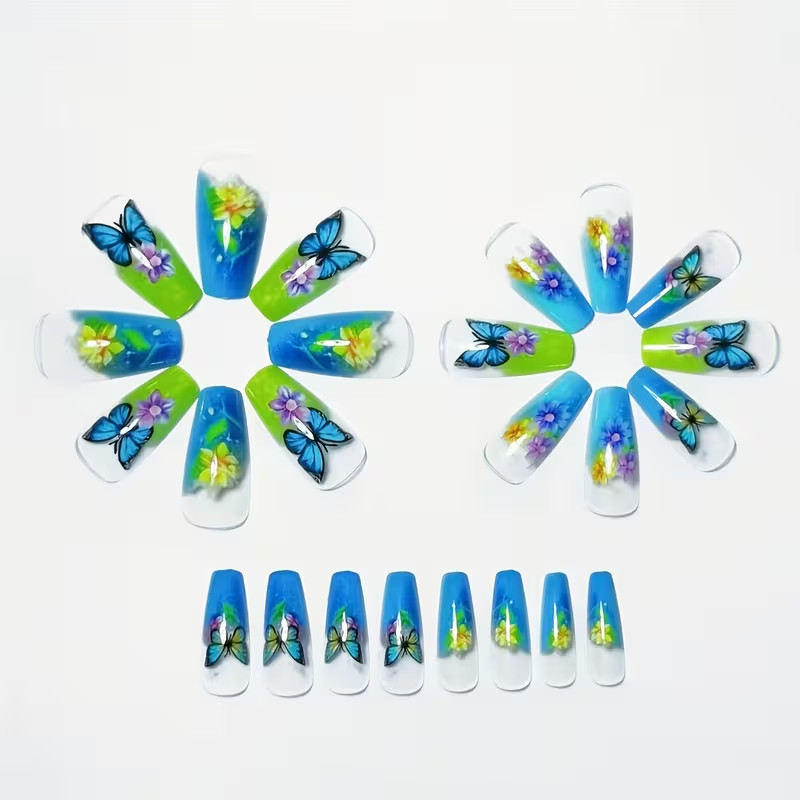 24pcs Ballet Press-On Nails, Long, Glossy, Colorful Butterfly Design, Summer