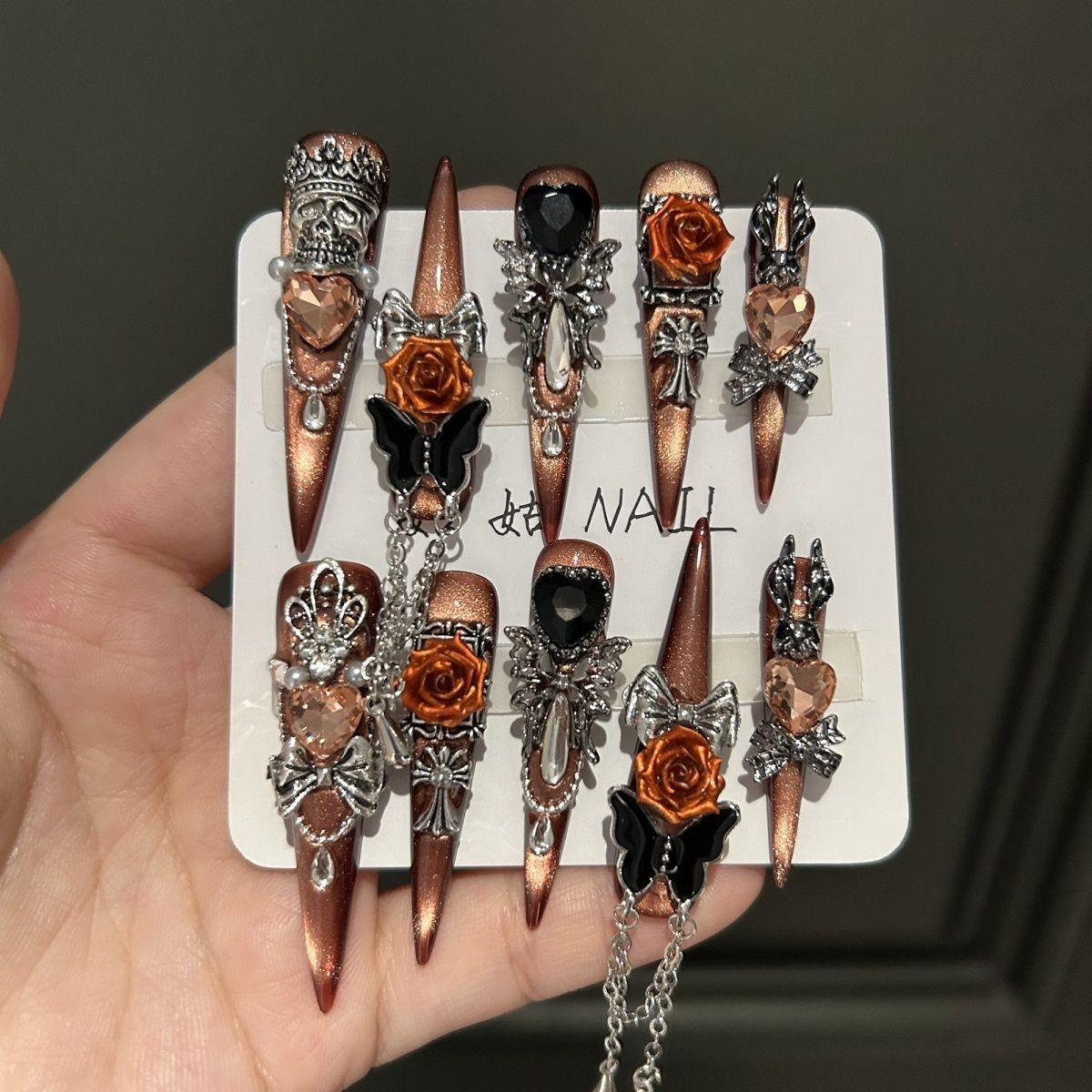 Dark Luxury Handmade Black Press On Nails Long Full Diamond