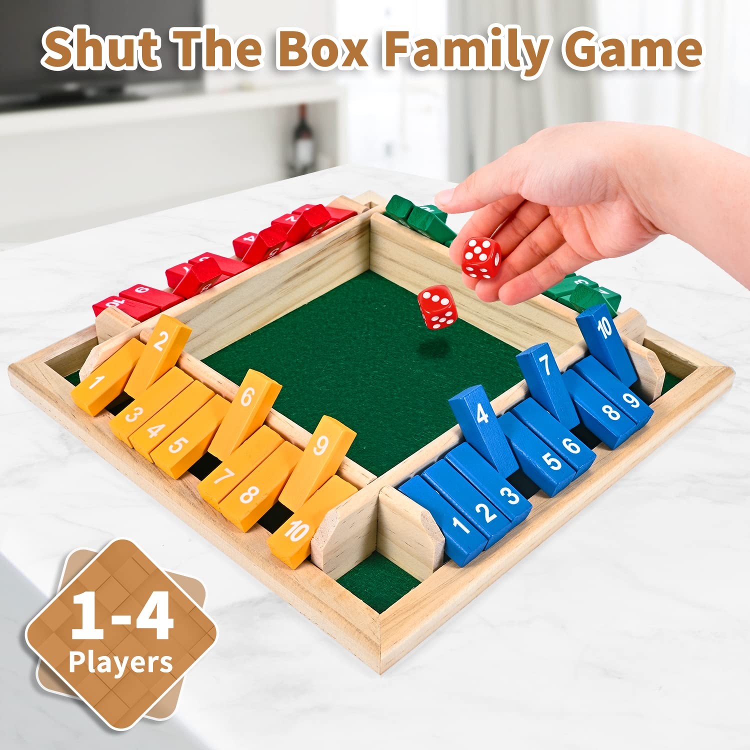 CRETVIS 1-4 Players Shut The Box Dice Game, 10 Numbers 8.7in, Multicolor