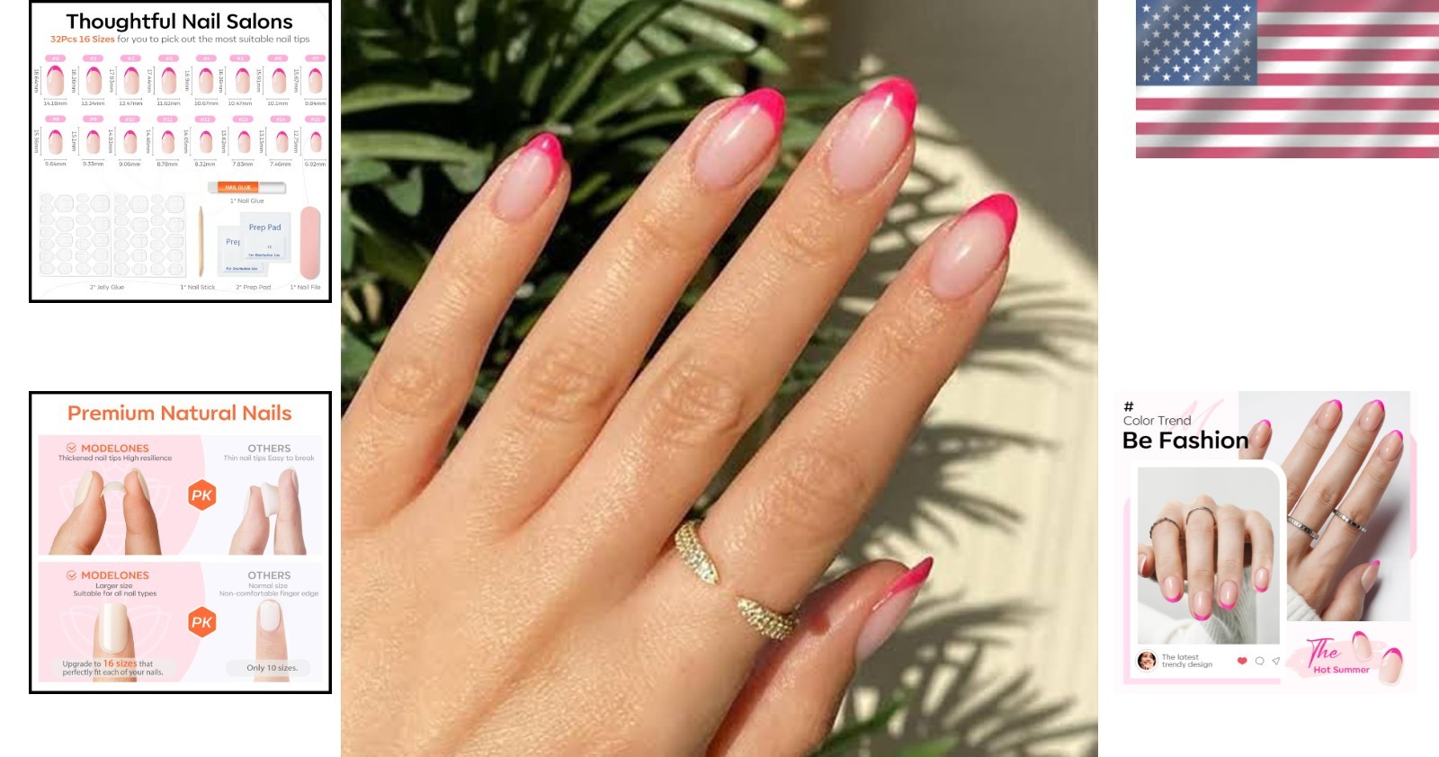 Durable Hot Pink Oval French Tip Nails – 32 Pcs Reusable Kit for Women