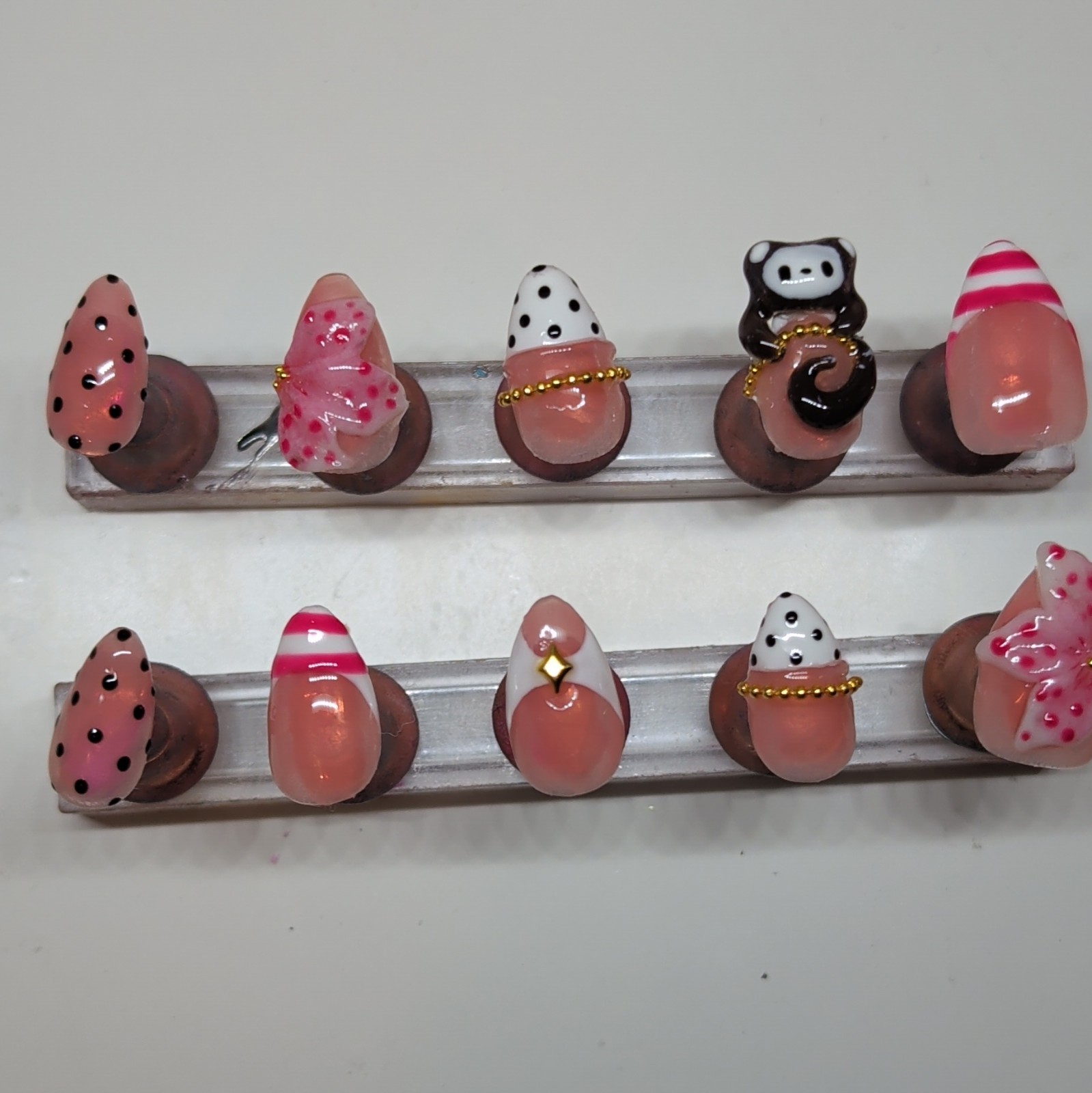10 Piece Short Almond Press-On Nails, 3D Animal Theme, Pink White Black Gold