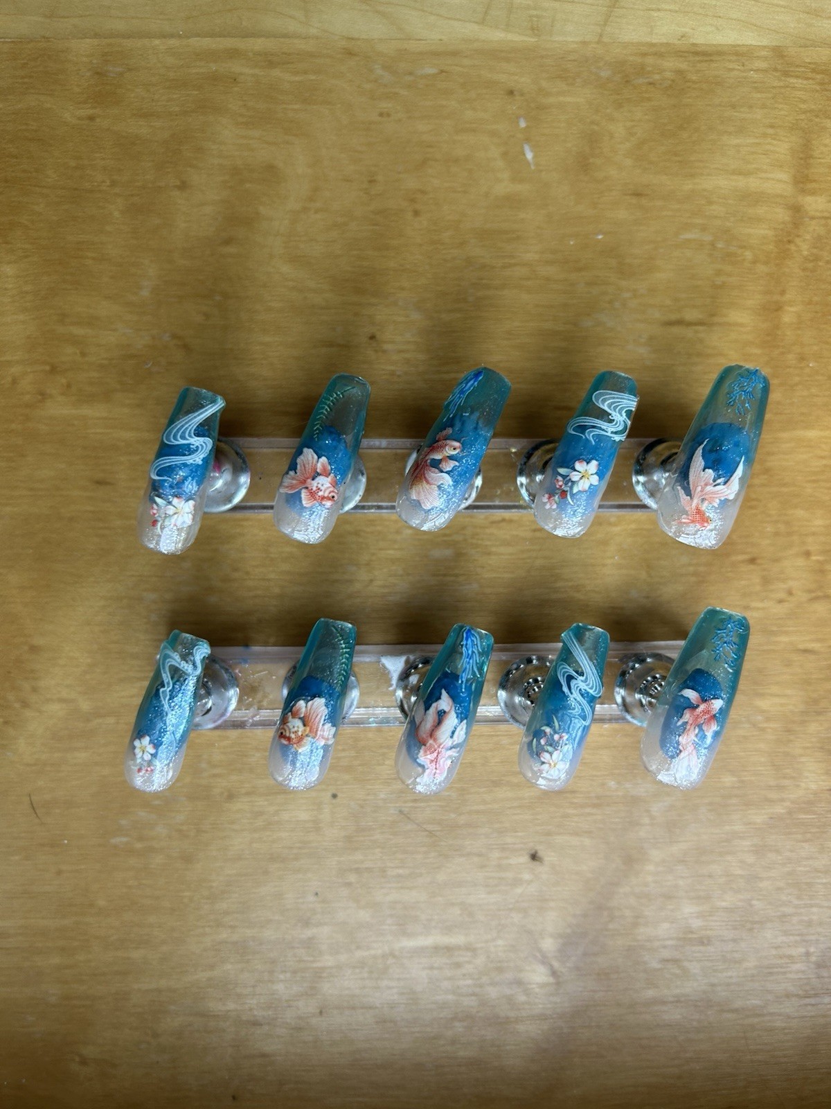 Z NAILZ! Handmade L Coffin Goldfish Scene Shiny Top Coat Press On Nails