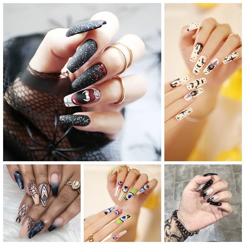 120Pcs Halloween Mix Fake Nails Long Coffin Press On Nails Fake False Nail Set