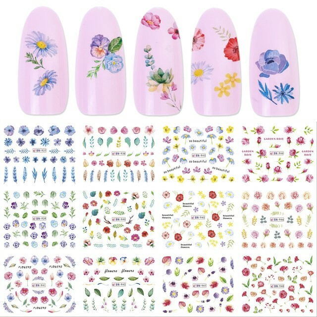 Nail Art Water Transfer Sticker Feather Rose Daisy Flower Leaves Floral Decals