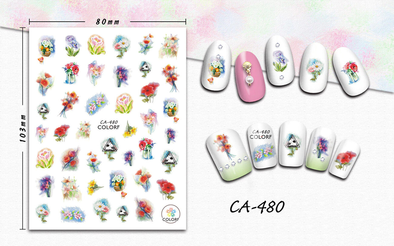 Nail art 3D stickers decal red blue pink yellow flowers white chamomile CA480