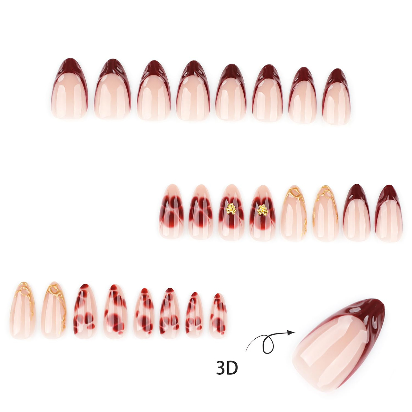 French Tip Press On Nails Short Almond Red 24 Pieces with 3D Gold Bead Designs