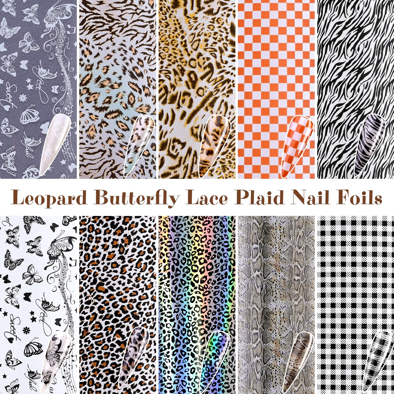 10 Rolls Nail Art Foils Transfer Stickers, Butterfly Plaid Snake Leopard Lace…
