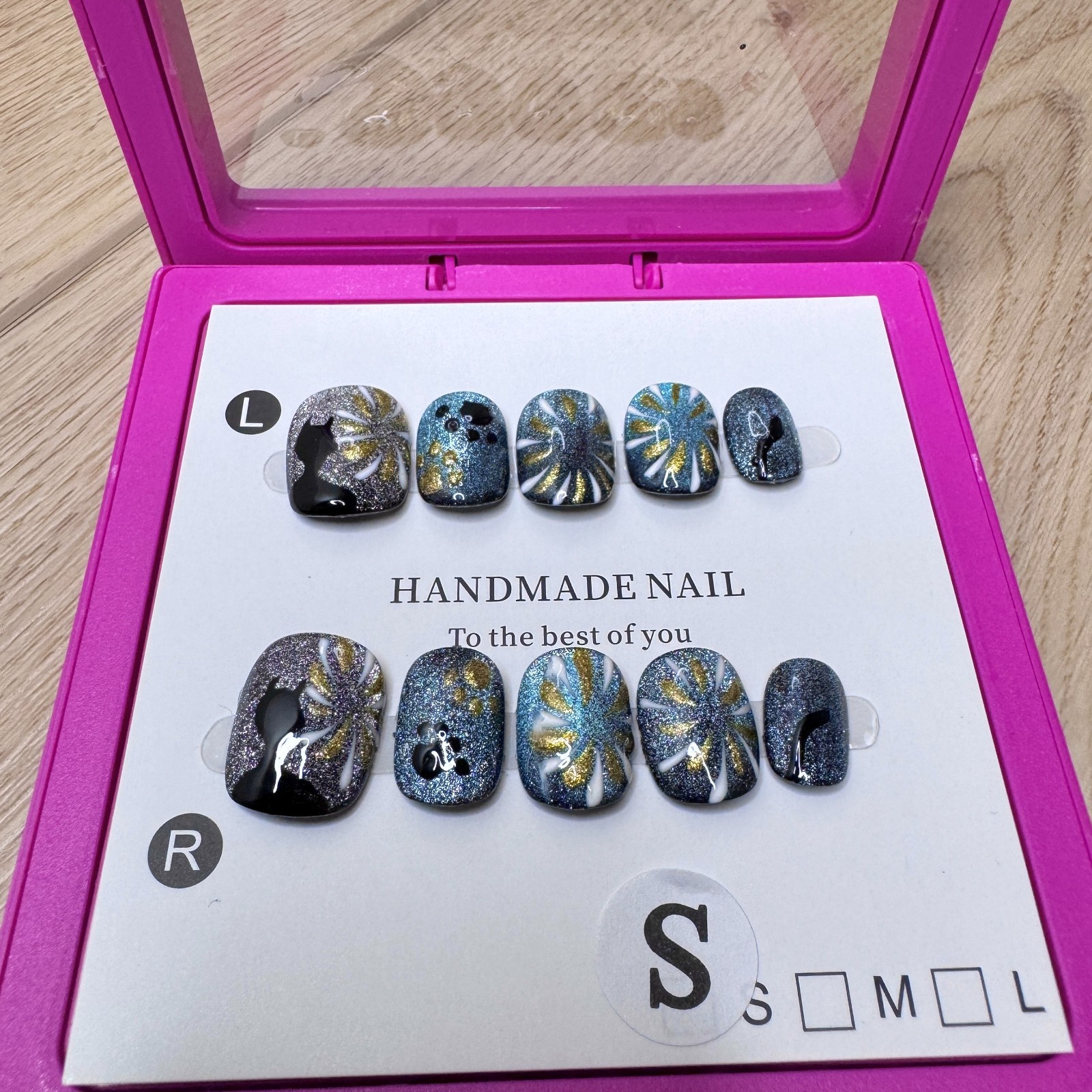 Handmade Hard Gel Press on Nail Art Kit Sz S Giltter Shimmer Nails Short Cats