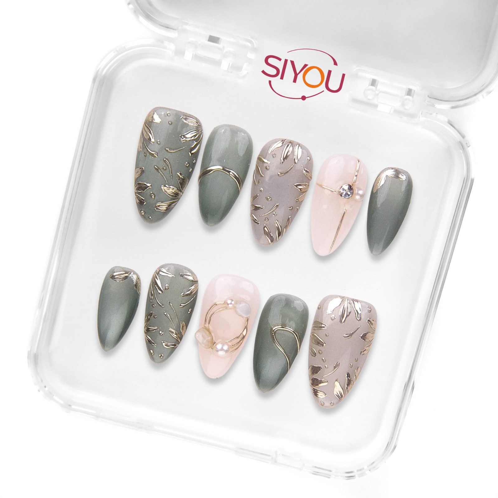 SIYOU | Emerald Grace | (Short Almond) Green White Press-On Nails (10pc Kit)