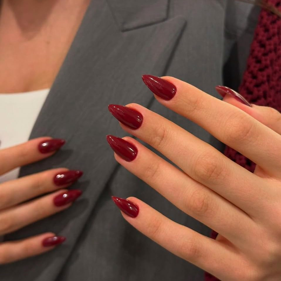 Wine Red Press on Nails Short Almond Shaped, Short Almond Fake almond wine red