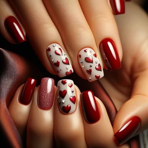 24pcs Heart Press on Nails Short Square Valentines Fake Nails Glitter style12