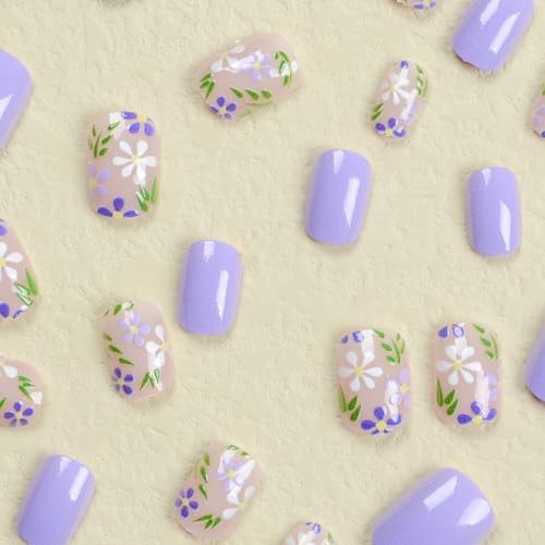 Flower Press on Nails Extra Short Purple Fake Nails Spring Floral Designs 1