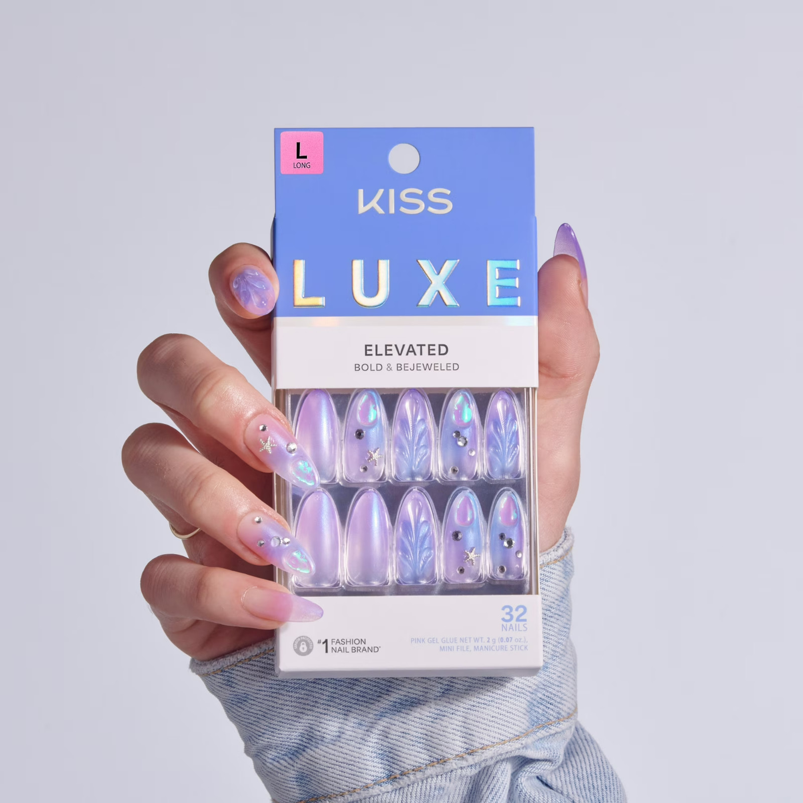 Kiss Luxe Long Almond Press-On Nails, Blue, 32 Pieces