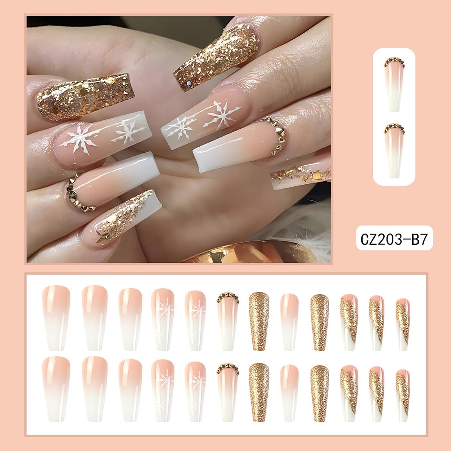 24Pcs Christmas Press on Nails with Snowflake and Rhinestone Designs Glitter …
