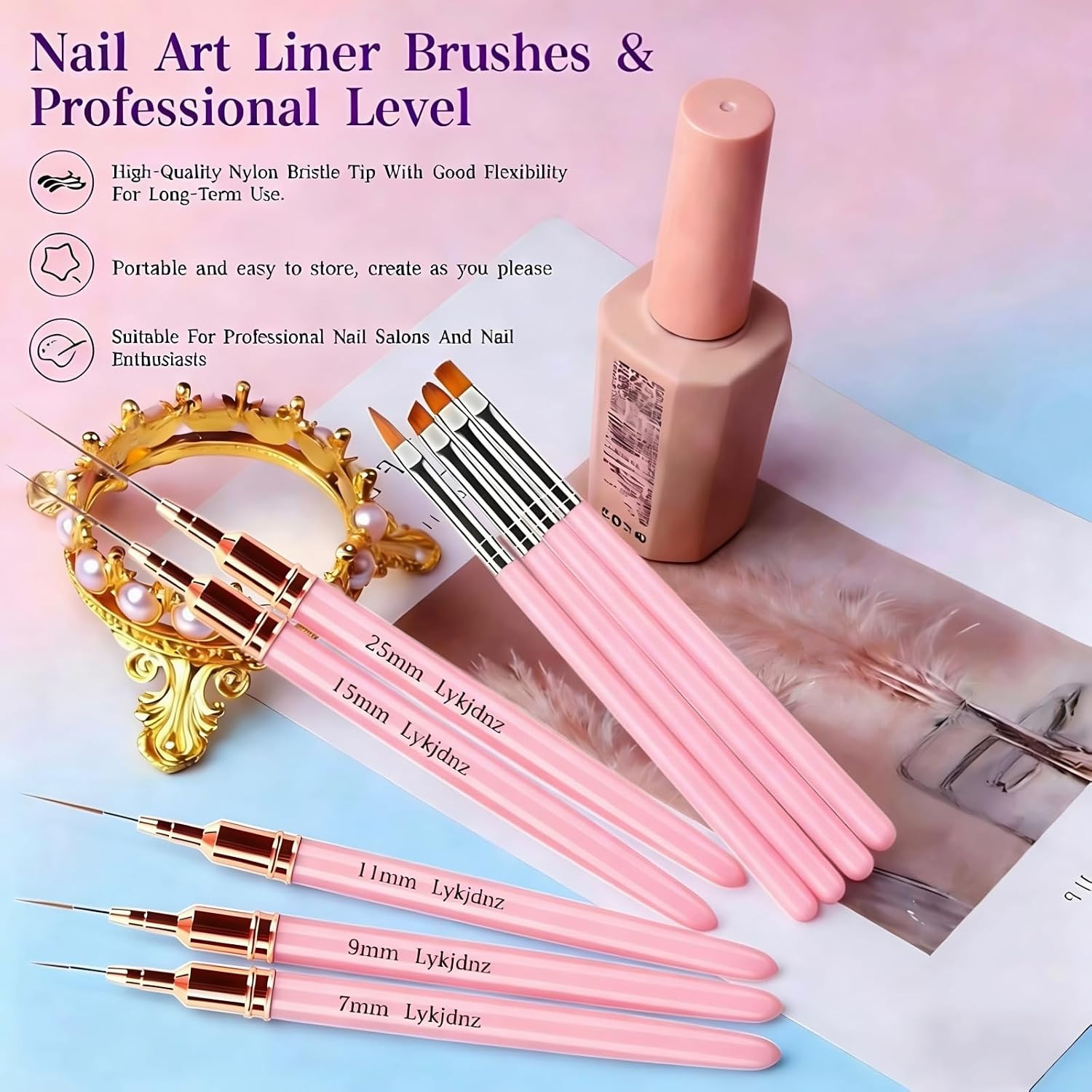 9Pcs Nail Art Brushes Set, 5 Pink Art Liners & 4 Multi-Shape Gel Brushes | Sizes