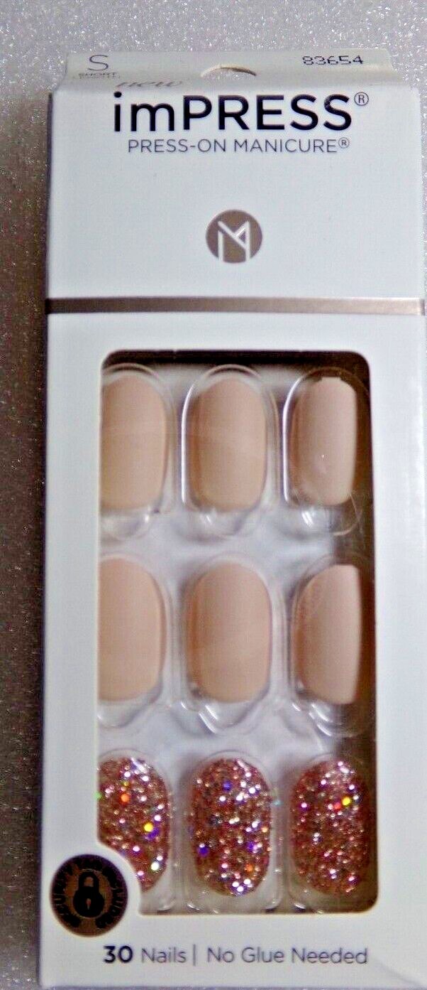 IMPRESS NAILS PRESS ON Short – Matte Beige w/ Rose Gold Glitter Accents