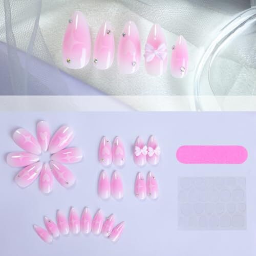 Almond Press on Nails Ombre Pink Short Medium Glue on 3D Bow Heart Rhinestone