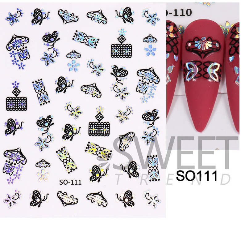 Silver Black Nail Sticker Laser Butterfly Rose Lace Flower Heart Peel Stick NH21