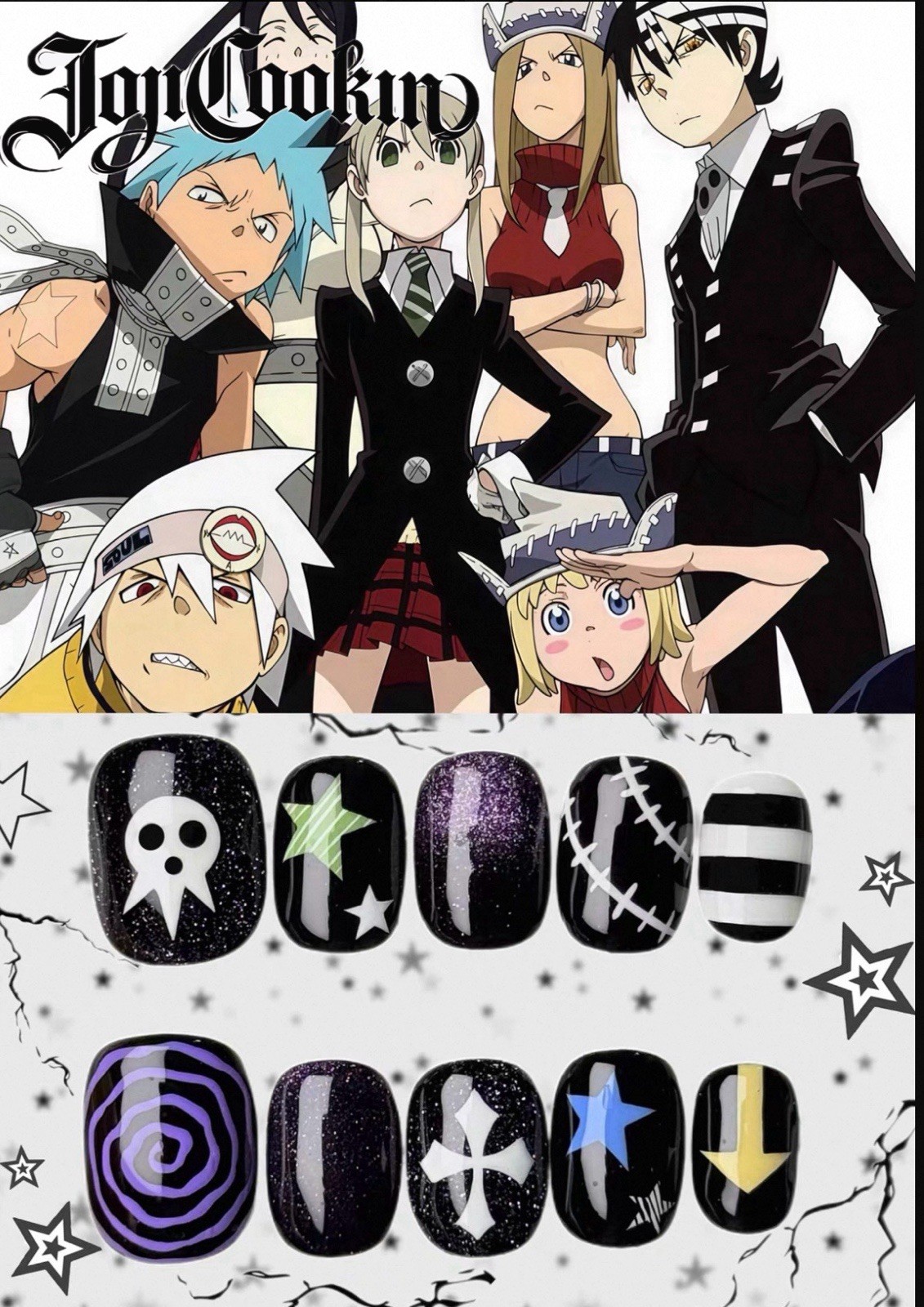 JoyCookun Anime Glitter Square Press-On Nails Black White Purple Green Blue