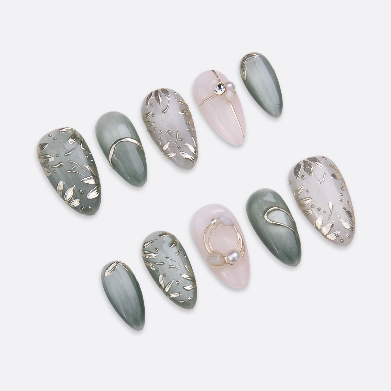 SIYOU | Emerald Grace | (Short Almond) Green White Press-On Nails (10pc Kit)
