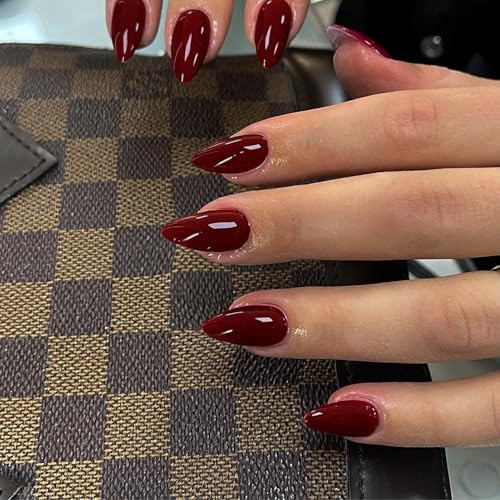Burgundy Dark Red Press on Nails Short Almond Shaped, almond burgundy red