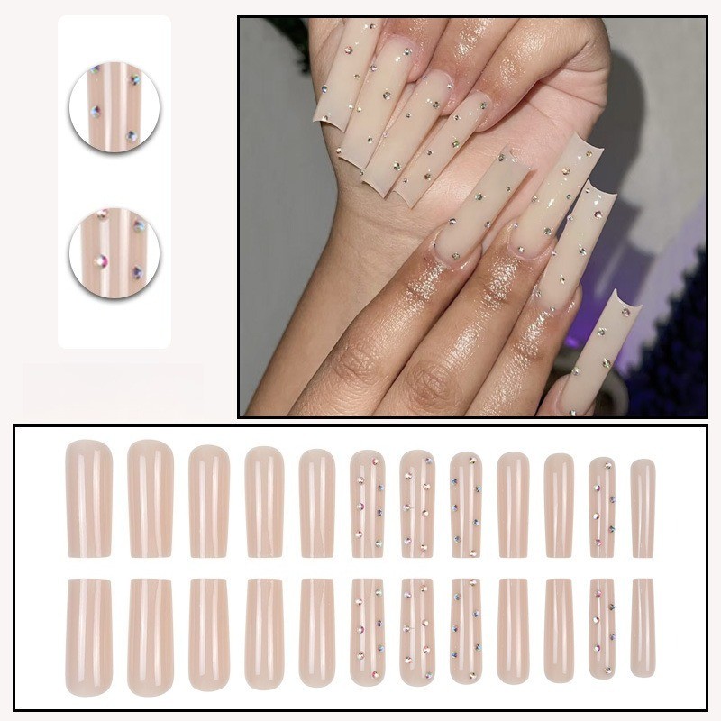 48pcs-Simple Nude Press on Nail, Extra Long Coffin with Scattered Clear Crystals