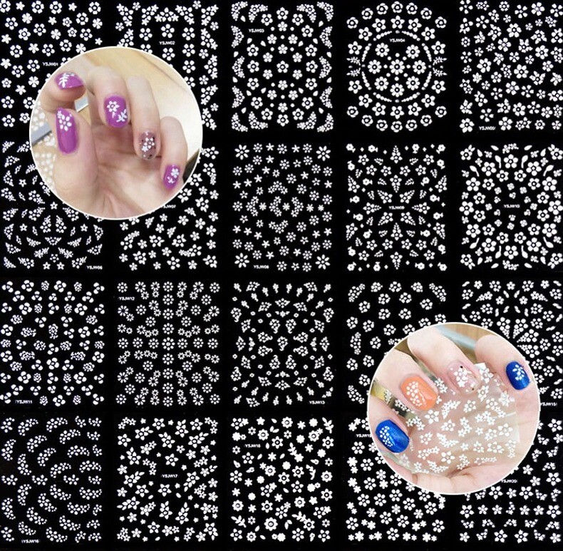 4x Sheets White Flower Diamant Effect Mix Design Decal 3D Nail Art Sticker Craft