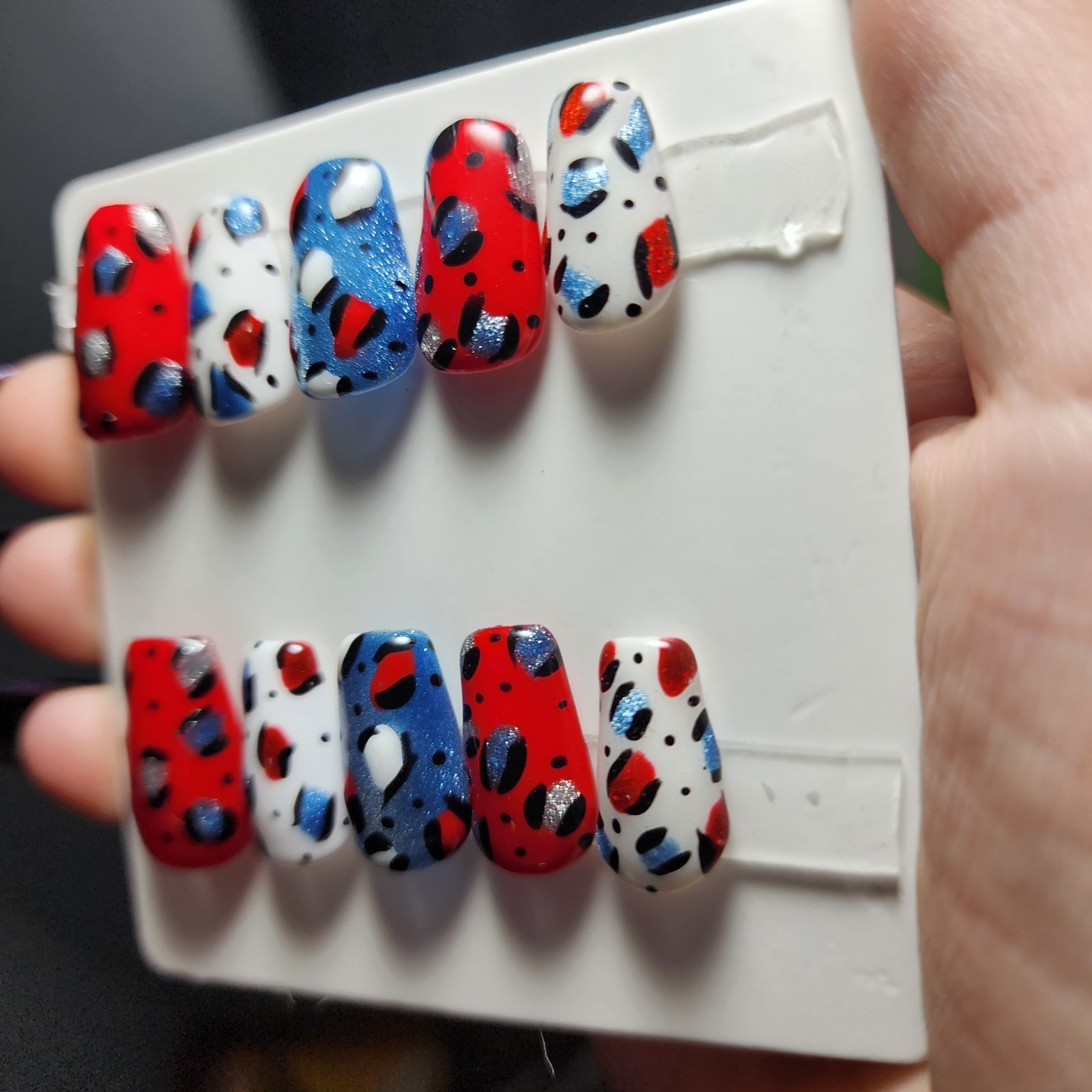 Short Coffin Medium Size Red White And Blue Leopard 4th Of July Press On Nails
