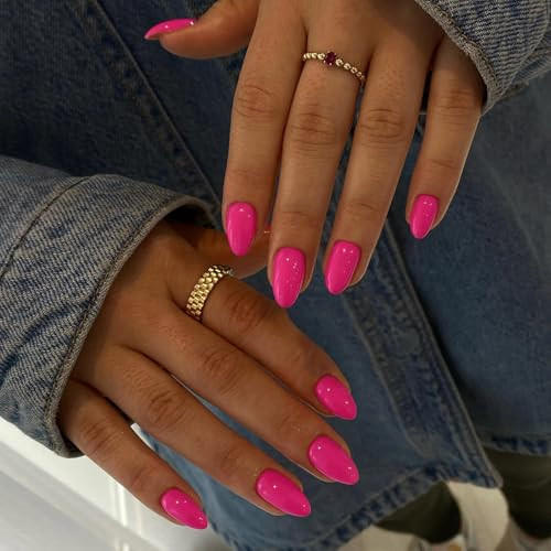 Hot Pink Press on Nails Short Oval Round Nails Glue on, Neon oval hot pink