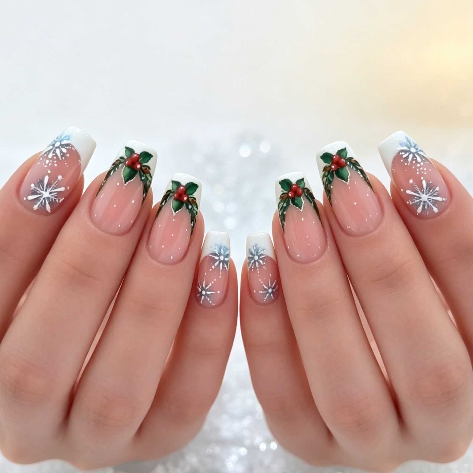 48Pcs-Medium Square White French Holly Snowflake Christmas Press on Nails Set