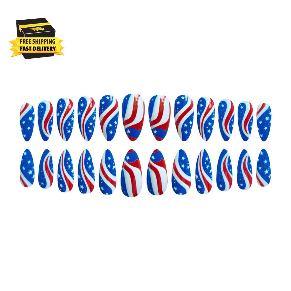 4Th of July Press on Nails Medium Almond Patriotic American Flag Fake Nails with