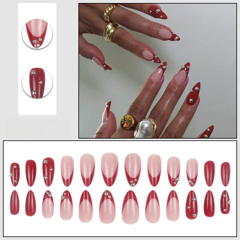 48pcs-Red French Tip Press on Nails, Almond with Silver Stud Accents for Women