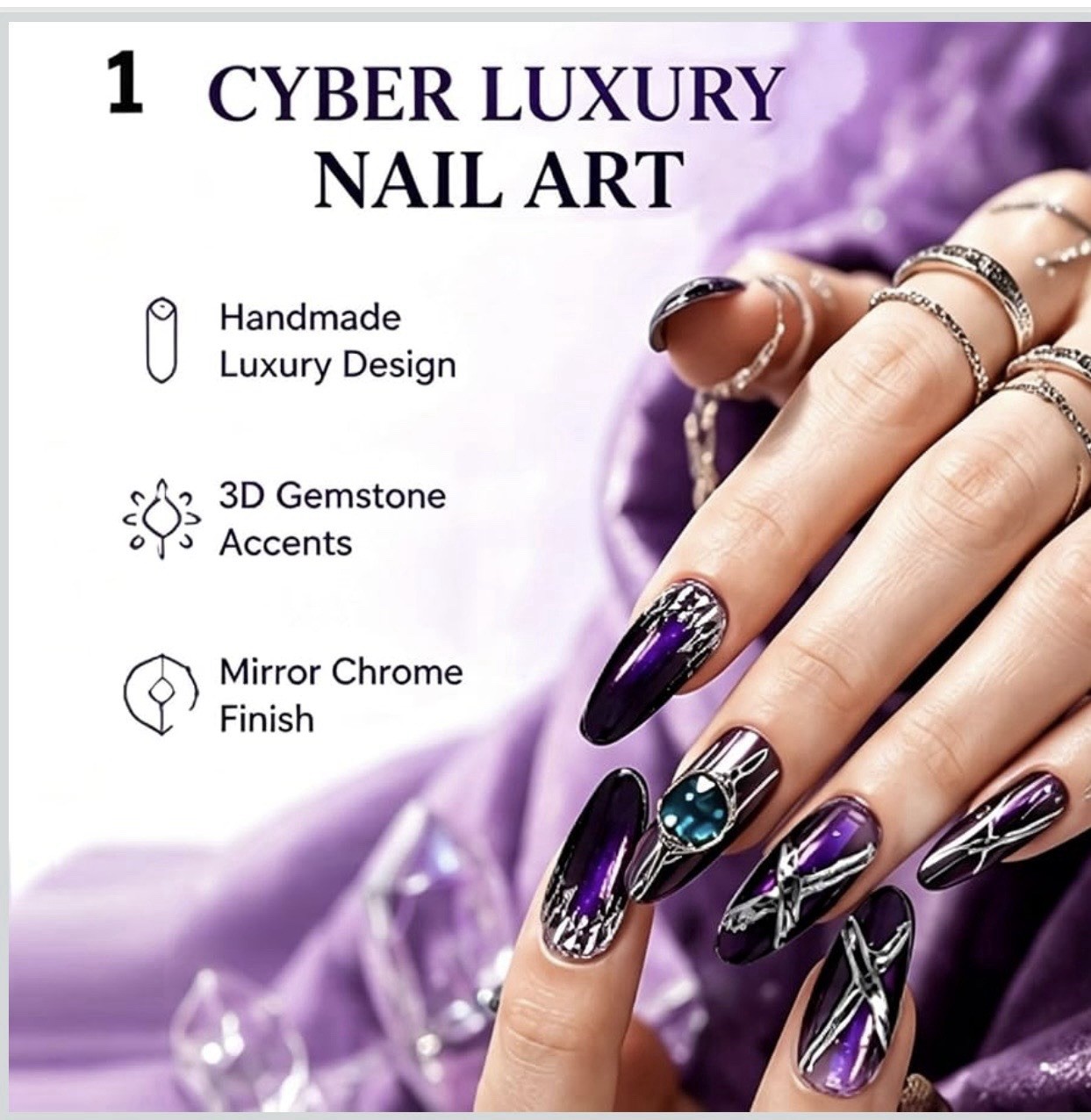 Handmade Purple Chrome Press On Nails Medium Almond Teal Gems 10Pc Reusable