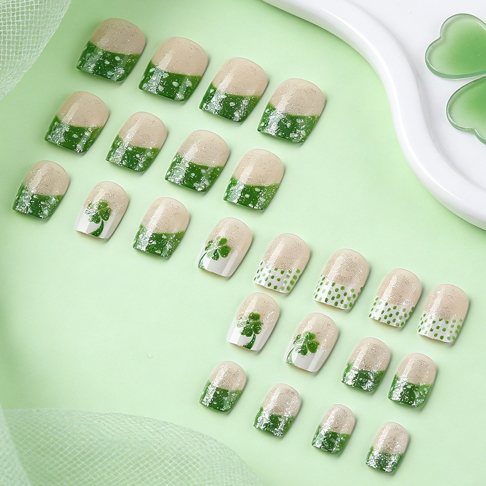 24pcs Green Clover French Press-On Nails. Detachable, Fresh & Festive for Women