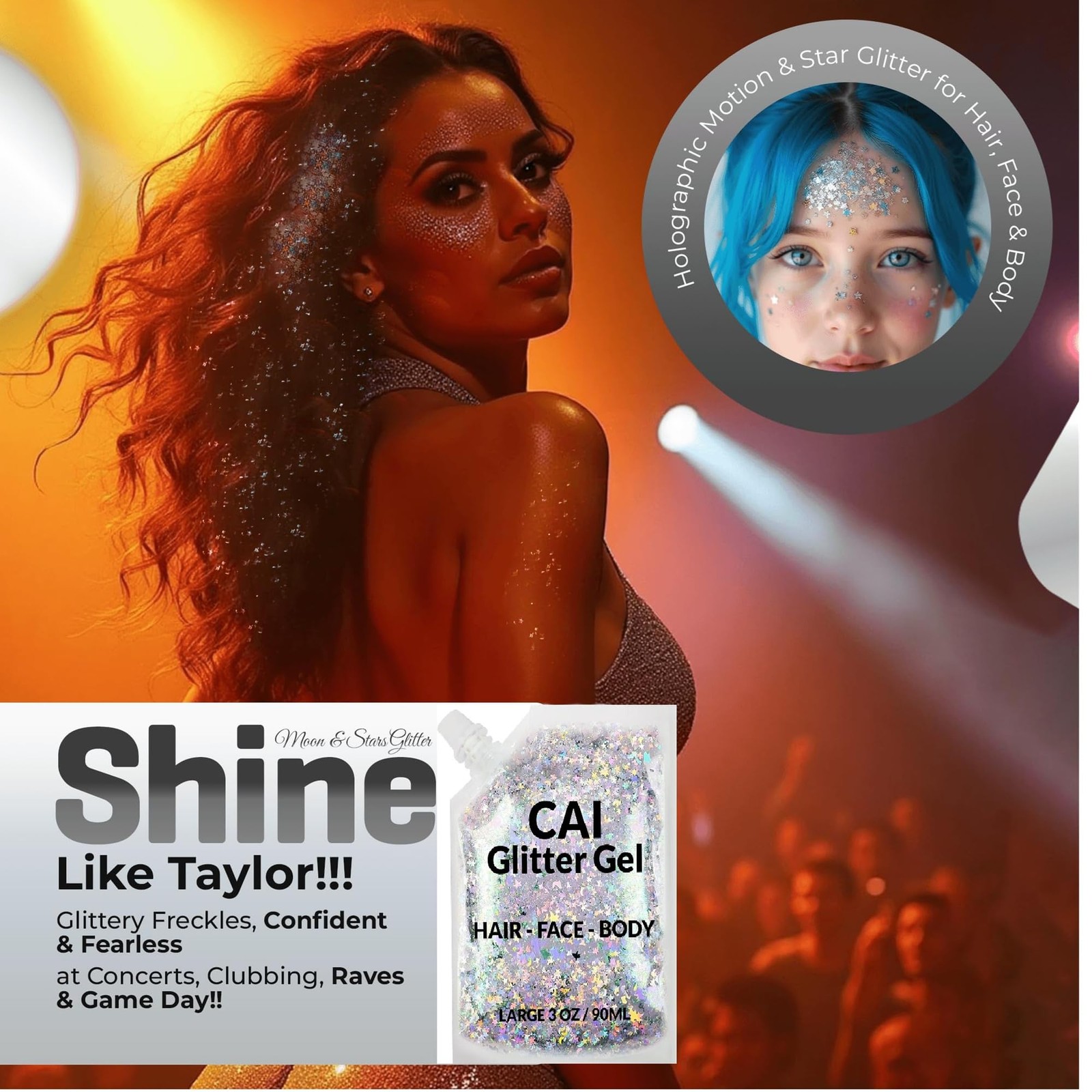 Silver CosmeticGrade Face Body Hair Moon Stars Festival Glitter Gel 3 Oz